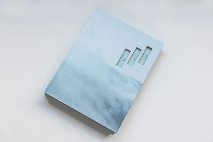 Portada del fotolibro «blue almost green» de Cristina Riesgo: tapa dura azul troquelada con el título calado en tres ventanas.